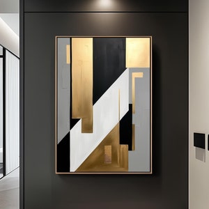 Abstract Wall Art Minimalist Geometric Canvas Painting Gold, Black, White, Gray Contemporary Modern Home Décor Luxury Interiors