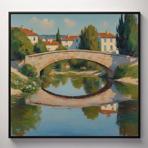 Impressionist Natural Scenery Canvas Painting Landscape Bridge Over Calm River Lush Greenery Tranquil Countryside Atmosphere