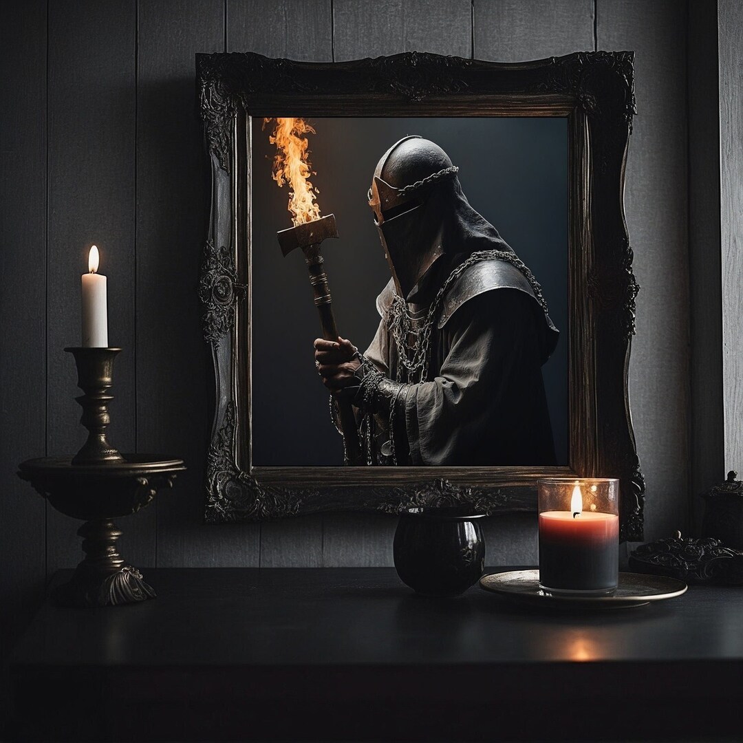 Gothic Wall Art Medieval Warrior Art Print Flaming Torch Knight in ...