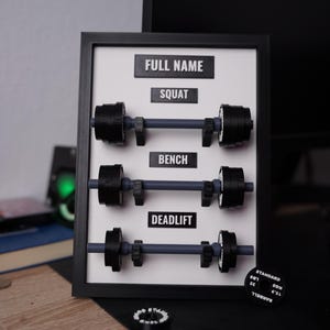 Könnte beinhalten: Ein gerahmtes Gewichtheber-Display mit den Wörtern "FULL NAME", "SQUAT", "BENCH" und "DEADLIFT". Das Display enthält Miniatur-Langhantel-Repliken. Eine kleine Scheibe mit Gewichtsangaben ist ebenfalls vorhanden.