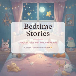 May include: An illustrated scene of a bedroom with the text "Bedtime Stories". The image features a bed with stuffed animals, a window with a moon and stars, and the text "Magical Tales with Beautiful Morals" and "For Little Dreamers Everywhere".