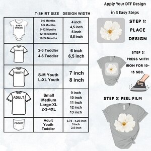 The image is a step-by-step guide on how to design a t-shirt in 3 easy steps. It includes illustrations and descriptions for different t-shirt sizes and designs, such as a baby onesie, a 2-3 toddler shirt, a 7-inch youth shirt, and a small adult t-shirt. The guide provides instructions on how to place the design on the t-shirt and how to iron it for a final appearance.
