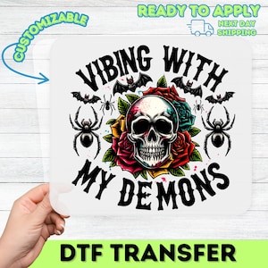 Gothic Halloween Skull  Roses DTF Transfer for Edgy Apparel | Spooky Neotraditional Tattoo Iron-On for Shirts  Hoodies