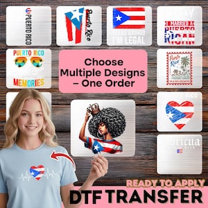 May include: A collection of DTF transfers featuring Puerto Rican themed designs, including flags, hearts, a postage stamp, and a person with an afro wearing a flag shirt. A person wears a light blue t-shirt with a heart-shaped Puerto Rican flag graphic.