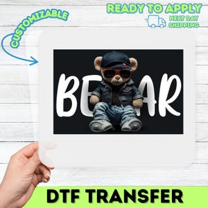 Cool Teddy Bear DTF Transfer for Family  Friends Apparel - Ready to Press Cute Denim Style Group Shirt Iron-On