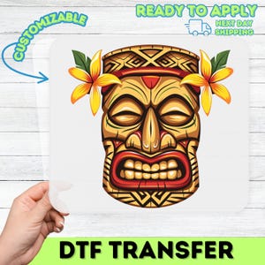 Vibrant Tiki Mask Tropical Hawaiian DTF Transfer for Summer Vacation Apparel & Beach Party Wear - Ready to Press Iron-On Design