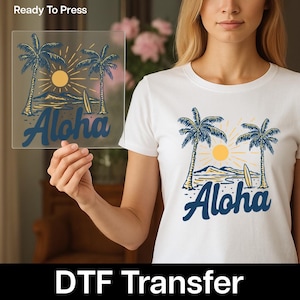 Aloha DTF Transfer for T-Shirts – Hawaiian Sunset Palm Tree Design, Premium Heat Press Decal, Summer Beach Vacation Shirt Art