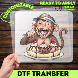 Funny Monkey Banana Split DTF Transfer, Playful Summer Iron-On Decal, Joyful Cartoon Ready To Press for Dessert Lovers