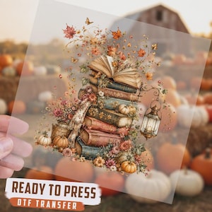 Autumn Book Stack DTF Transfer, Ready To Press, Fall Books Pumpkins Heat Transfer, Vintage Books Lantern Apparel DTF, Book Lover Gift DTF