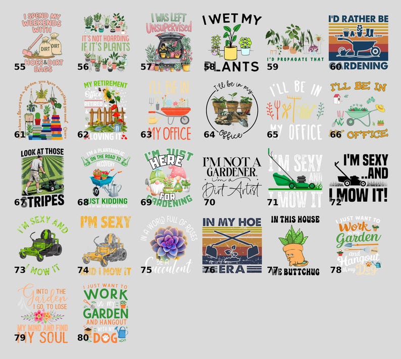 a collection of various gardening-themed graphics and phrases, including puns, slogans, and illustrations related to gardening and plants.
