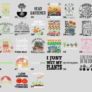 a collection of various gardening-themed graphics and phrases, including illustrations of plants, gardening tools, and text related to gardening.