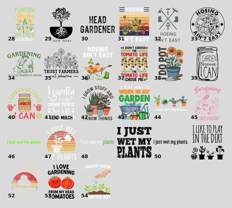 a collection of various gardening-themed graphics and phrases, including illustrations of plants, gardening tools, and text related to gardening.