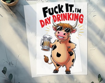 Funny Day Drinking Cow DTF Transfer with Beer Mug for T-Shirts Hoodies - Ready to Press Humor Apparel for College Party