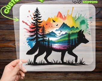 Wolf Silhouette Nature DTF Transfer, Watercolor Mountain Forest Iron-On Decal for Outdoor Enthusiasts, Wilderness Adventure Ready to Press
