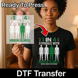 May include: Black t-shirt with the text "1 in 4 struggle with mental illness" and a graphic of four figures, one green. The words "Mental Health Awareness" are below. The words "Ready To Press" and "DTF Transfer" are also visible.
