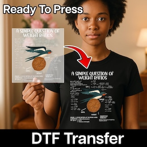 May include: Black t-shirt featuring the text "A SIMPLE QUESTION OF WEIGHT RATIOS" and a graphic of a swallow and a coconut. The image also shows a DTF transfer and the words "Ready To Press".
