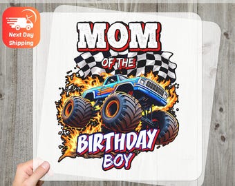 Mom Birthday Boy DTF Transfer, Monster Truck Design, Racing Theme Iron-On Decal, Festive Birthday Party Apparel