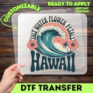 Retro Hawaiian Wave DTF-overdracht: strandsfeer opstrijkbaar voor zomerkleding, drukklaar T-shirtontwerp oceaan- en surf