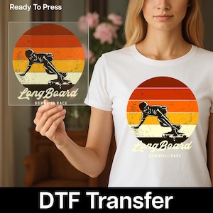 DTF Transfer Longboard Skater Design – Retro Downhill Skateboarding Print for DIY Shirts, Easy Heat Press Transfer