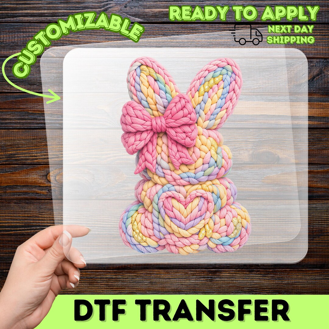 Kawaii Bunny Braided Yarn Iron-on Decal, Pastel Easter DTF Transfer ...