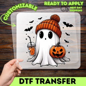 Cute Halloween Ghost with Pumpkin Beanie DTF Transfer | Ready to Press Halloween Apparel for Families Partygoers