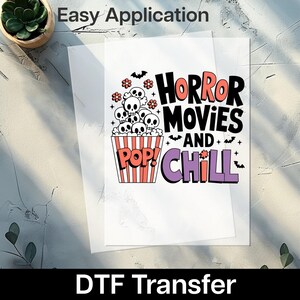 Iron-On Funny Halloween Popcorn Skull DTF Transfer for Movie Lovers, Ready To Press Urban T-Shirt for Halloween Enthusiasts & Horror Fans