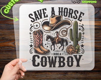 Naklejka termotransferowa Save a Horse Ride a Cowboy Western Humor DTF, naklejka termotransferowa Retro Cowboy Culture z kapeluszem i butami, upominek na rodeo