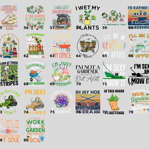a collection of various gardening-themed graphics and phrases, including puns, slogans, and illustrations related to gardening and plants.