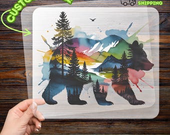 Bear Silhouette Nature DTF Transfer, Watercolor Wilderness Iron-On Decal for Outdoor Enthusiasts, Adventure Wildlife Art Heat Transfer