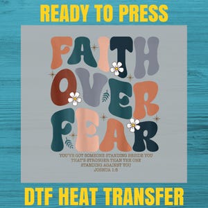 Faith Over Fear retro boho DTF transfer, ready to press Christian apparel, Joshua 1:5 spiritual encouragement for church groups