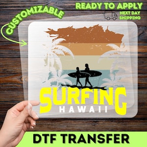 Retro Surfing Hawaii DTF Transfer Beach Vibes Iron-On voor vakantiefeest T-shirt, kant-en-klare tropische kleding voor surfers, strandliefhebbers