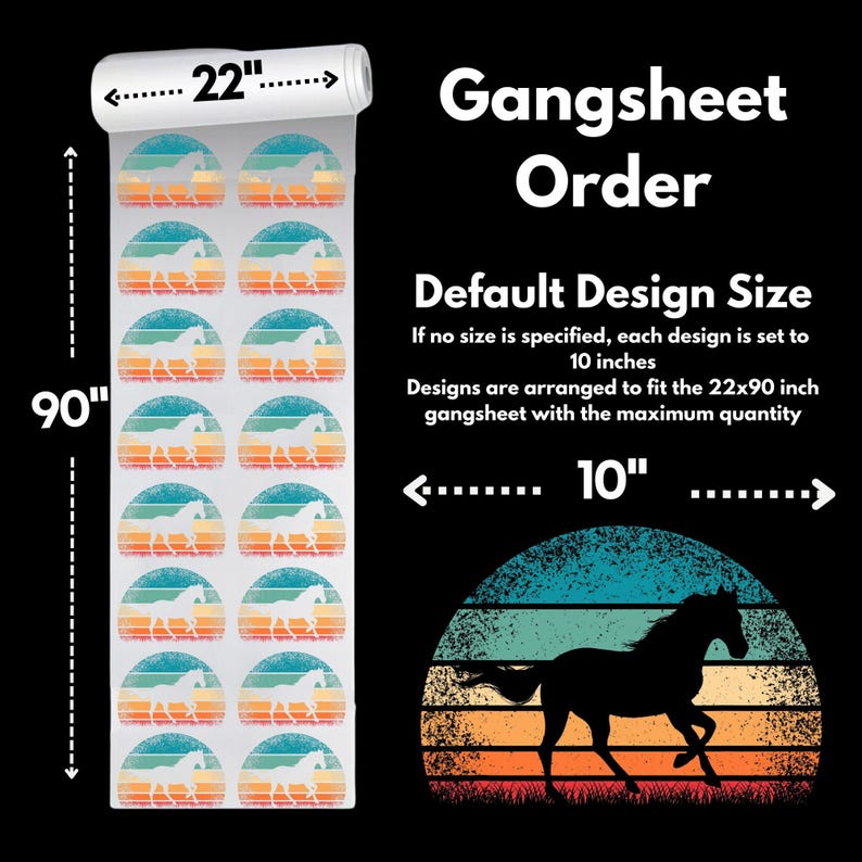 The image is a graphic design featuring a repeating pattern of horses in a sunset-like design, along with a gangsheet order size and a maximum quantity.