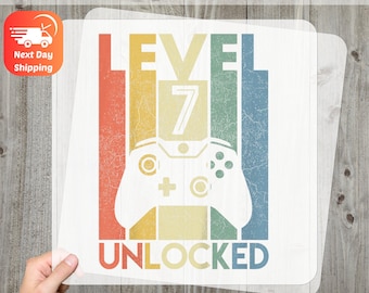 Retro Level 7 Unlocked Iron-On Decal, Gaming Birthday Heat Transfer, Fun Kids Gamer Design Ready to Press for Seventh Celebration