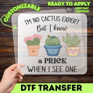 May include: A clear DTF transfer sheet featuring three potted cactus illustrations and the text I'M NO CACTUS EXPERT But I know a PRICK WHEN I SEE ONE. The cacti are green with pink flowers, in peach, blue, and pink patterned pots.
