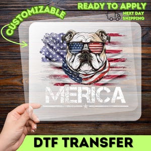 Camisetas y ropa retro americana con divertidas transferencias de DTF de bulldog patriótico para el 4 de julio