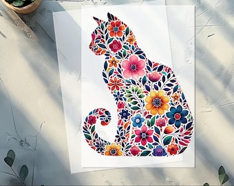 Cute Floral Cat Silhouette DTF Transfer for Cat Lovers & Boho Art Enthusiasts, Ready To Press Iron-On Apparel Gift