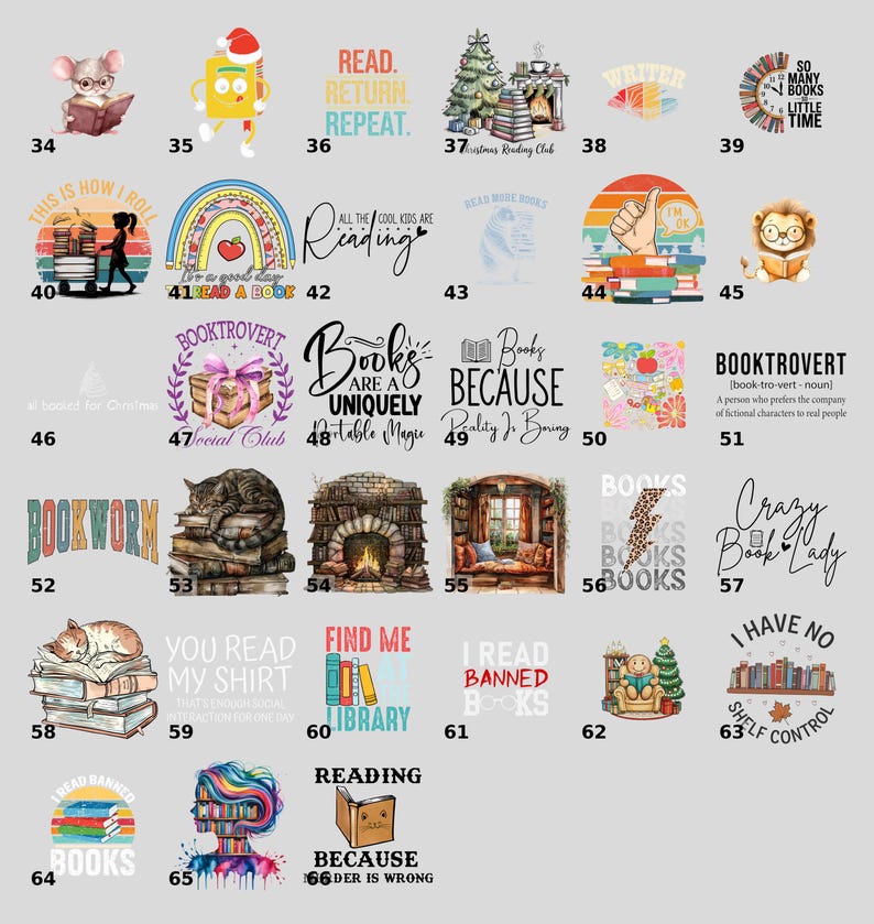 a collection of book-themed graphics and phrases, including illustrations of books, reading, and various book-related concepts. The phrases and images are diverse and creative, but they are not described in detail. The collage is not a single image but a group of different images that collectively convey the theme of reading and books.