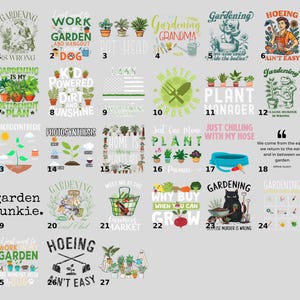 a collection of various gardening-related T-shirt designs, including phrases, illustrations, and text related to gardening and plants.