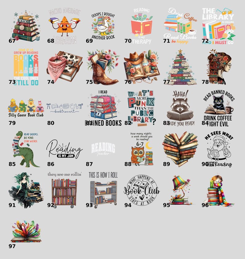 a collection of 24 colorful and creative book-themed illustrations, including characters, books, and various reading-related elements.