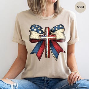 4th of July USA Flag Coquette Bow Shirt, Cross Graphic Patriotic Bow Shirt, Coquette America Bow Shirt for Girls, Women&#39;s Memorial Day Tee