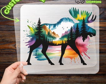 Moose Silhouette Watercolor Landscape DTF Transfer, Iron-On Decal for Nature Lovers, Adventure Seeker Heat Transfer Art