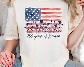 Comfort Colors® America Flag Floral Graphic Shirt, 250 Years Of Freedom, 4th Of July Shirt, Patriot Gift, USA Independence Day T-Shirt