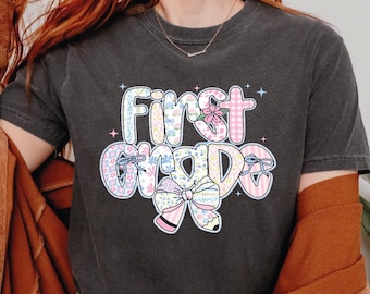 Comfort Colors® First Grade Teacher Shirt, Coquette Bow 1st Grade Shirt, Preppy First School Tee, Teacher Appreciation Gift, First Grade Tee