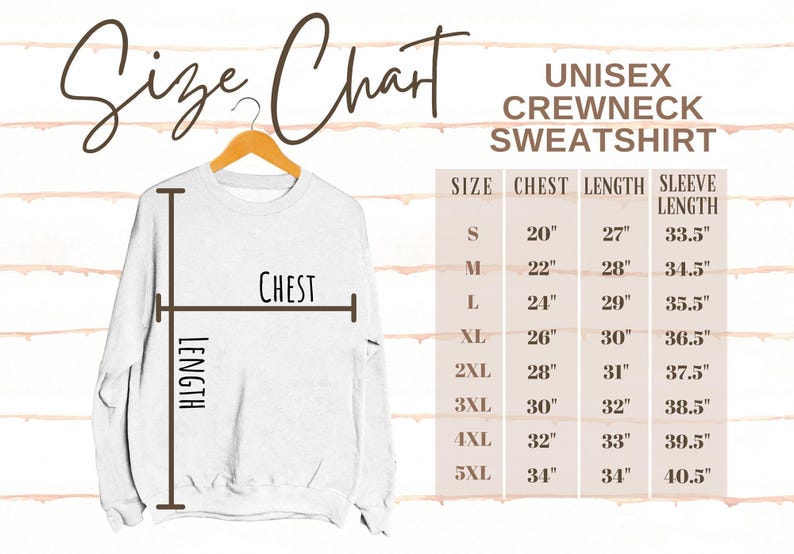 K&ouml;nnte beinhalten: Wei&szlig;es Unisex-Crewneck-Sweatshirt an einem Holzb&uuml;gel. Das Bild enth&auml;lt eine Gr&ouml;&szlig;entabelle mit Brust-, L&auml;ngen- und &Auml;rmell&auml;ngenma&szlig;en in cm. Der Text "Size Chart" steht oben.