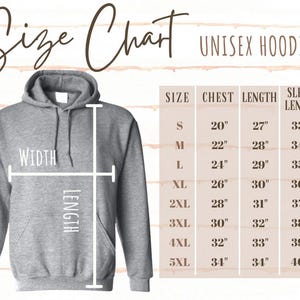 K&ouml;nnte beinhalten: Grauer Unisex-Hoodie mit Gr&ouml;&szlig;entabelle. Die Tabelle listet Brust-, L&auml;ngen- und &Auml;rmell&auml;ngenma&szlig;e in Zoll f&uuml;r die Gr&ouml;&szlig;en S bis 5XL auf. Der Hoodie hat eine Kapuze und eine Vordertasche.