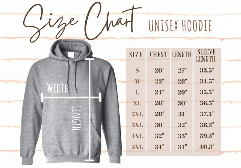 K&ouml;nnte beinhalten: Grauer Unisex-Hoodie mit Gr&ouml;&szlig;entabelle. Die Tabelle listet Brust-, L&auml;ngen- und &Auml;rmell&auml;ngenma&szlig;e in Zoll f&uuml;r die Gr&ouml;&szlig;en S bis 5XL auf. Der Hoodie hat eine Kapuze und eine Vordertasche.