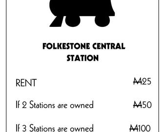 May include: A black and white image of a Monopoly game card for Folkestone Central Station. The card features a black train icon at the top, with the station name and rent details below. The card is rectangular.
