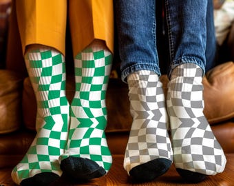 Custom Checkerboard Socks l Bold Checker Crew Socks l Custom Socks Doodle Checker l Minimal Checkerboard Socks