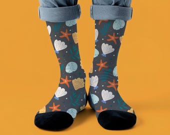 Fish Socks Funny Shark, Seashell & Starfish Crew Socks l Sea Lover Gift Socks for Men, Women or Beachgoers