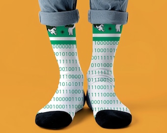 Funny Coding Socks for Programmer, Binary Print Crew Socks, IT Nerdy Socks, Programing Socks for Men, Women, Teacher, Student or Fun Gift